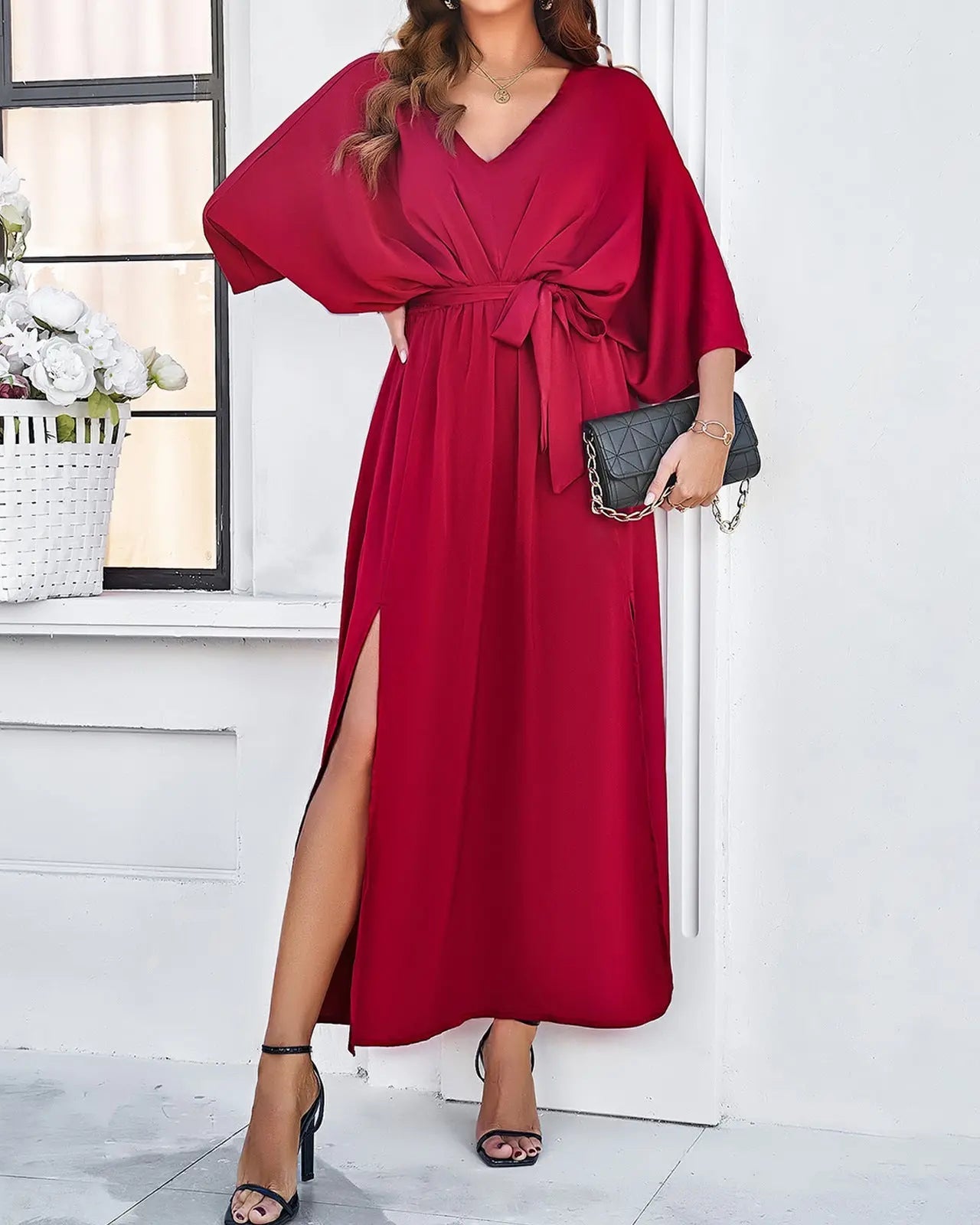 Fashion Bat Sleeve Long-sleeved V-neck Dress With Split Design Temperament Loose High Waist Lace-up Long Dresses Women Clothing AtelierDress