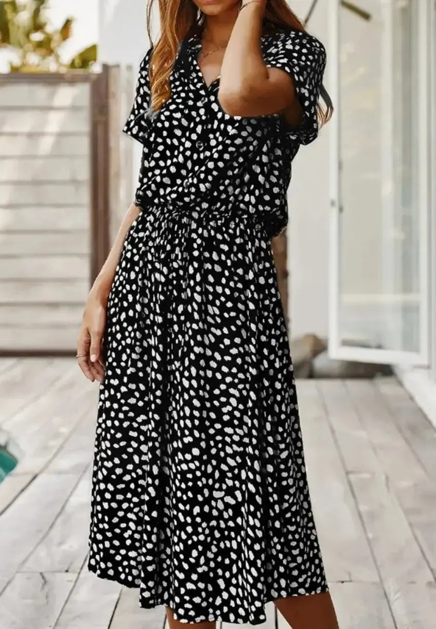 Elegante Dames Chiffon Jurk met Stippenprint AtelierDress
