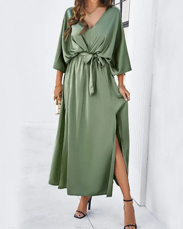 Fashion Bat Sleeve Long-sleeved V-neck Dress With Split Design Temperament Loose High Waist Lace-up Long Dresses Women Clothing AtelierDress