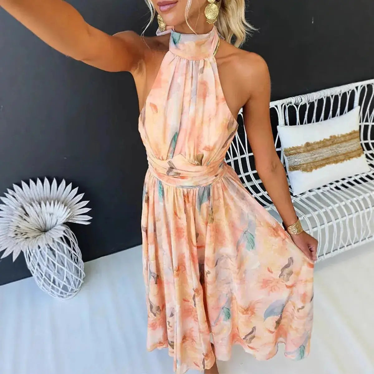 Naomi™ | Elegante getailleerde aquarel print jurk AtelierDress