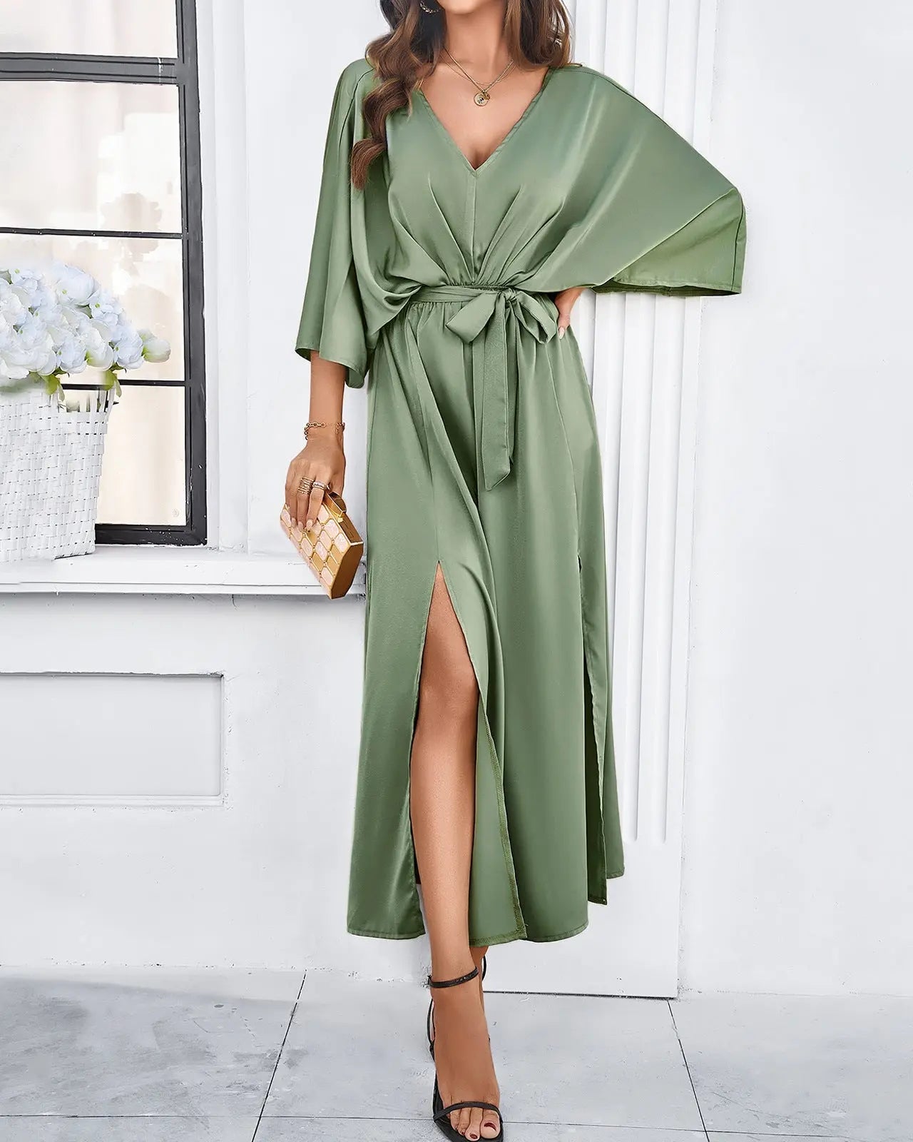 Fashion Bat Sleeve Long-sleeved V-neck Dress With Split Design Temperament Loose High Waist Lace-up Long Dresses Women Clothing AtelierDress