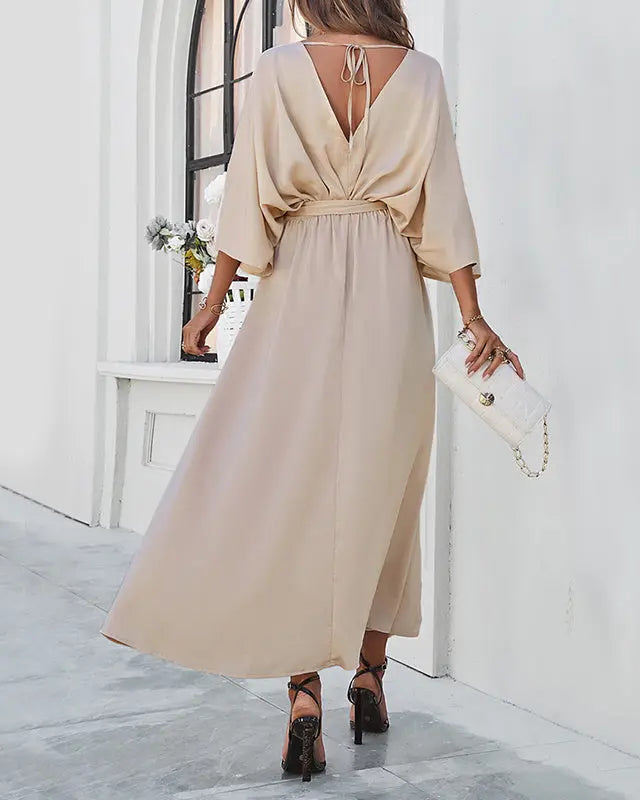 Fashion Bat Sleeve Long-sleeved V-neck Dress With Split Design Temperament Loose High Waist Lace-up Long Dresses Women Clothing AtelierDress
