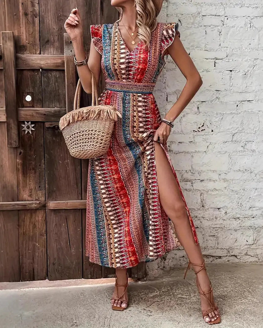 Hawaii Print Maxi Jurk Dames | V-Hals & Vlindermouw AtelierDress