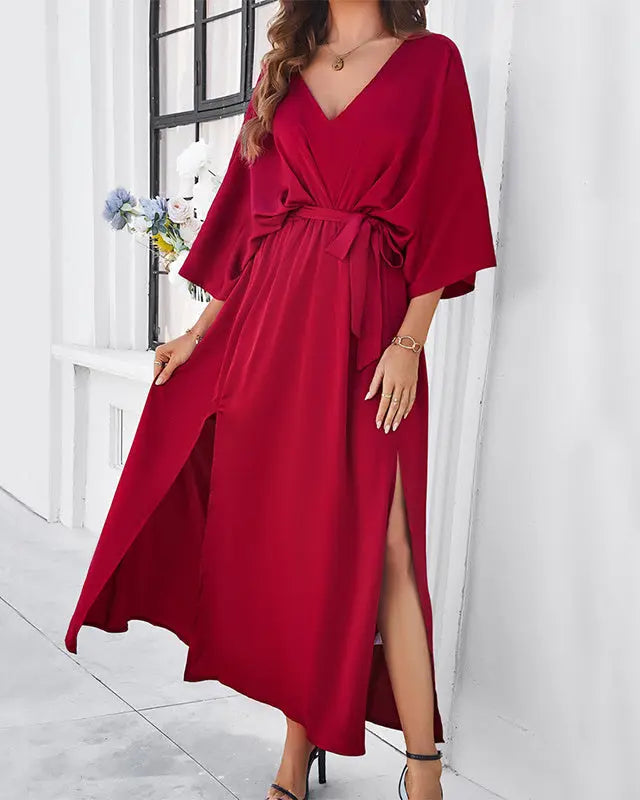 Fashion Bat Sleeve Long-sleeved V-neck Dress With Split Design Temperament Loose High Waist Lace-up Long Dresses Women Clothing AtelierDress