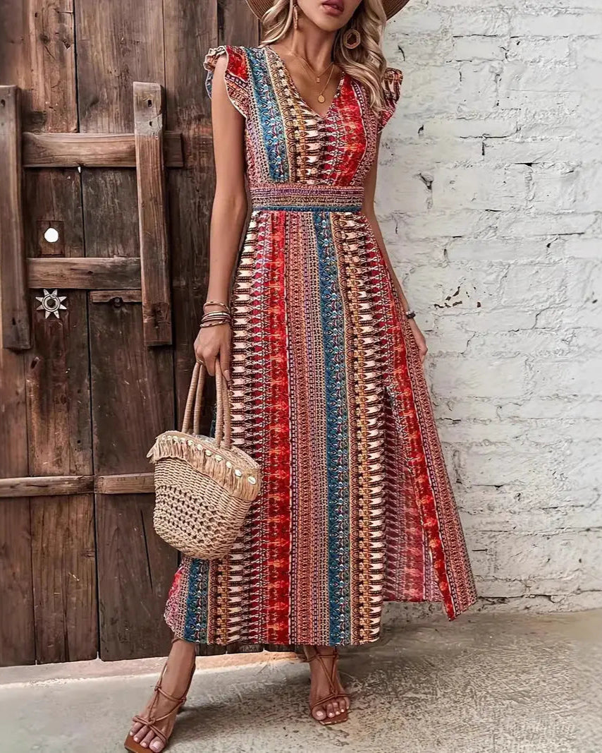 Hawaii Print Maxi Jurk Dames | V-Hals & Vlindermouw AtelierDress